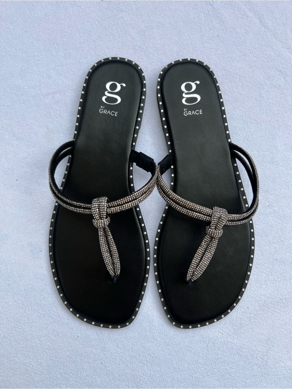 Grace Black Knotted Beaded Toe-Post Sandals